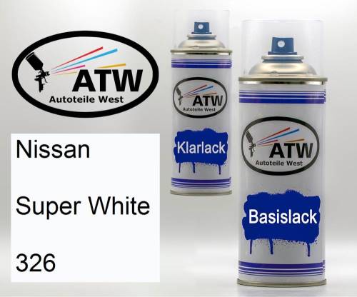 Nissan, Super White, 326: 400ml Sprühdose + 400ml Klarlack - Set, von ATW Autoteile West.
